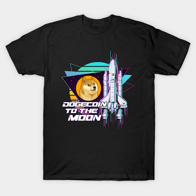 Dogecoin to the Moon Digital Crypto BTC Retro Spaceship T-Shirt by TheBeardComic